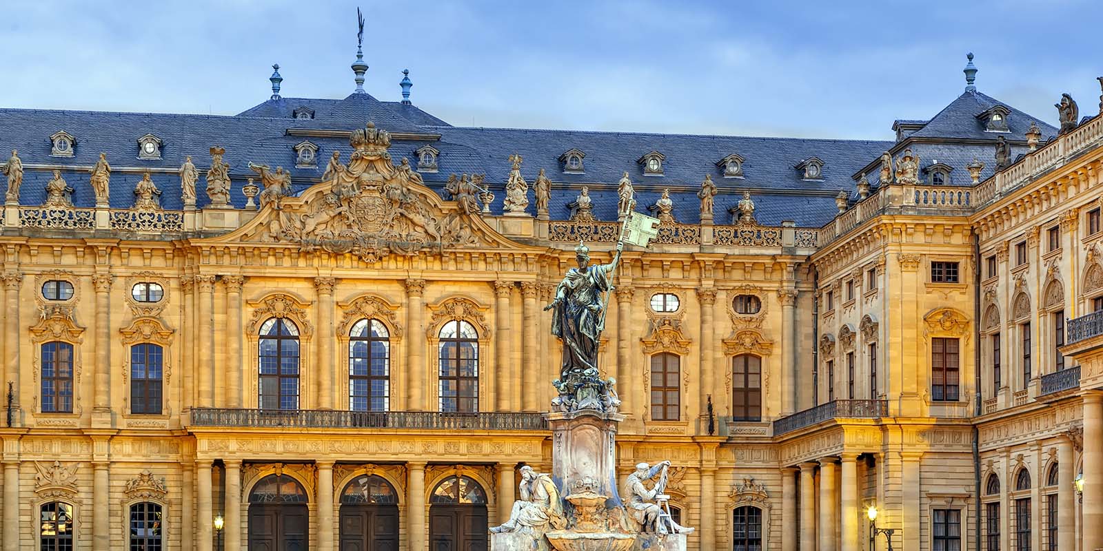 Wurzburg Residence is a palace in Wurzburg in evening, Germany